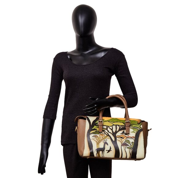 Hand Painted Leather Brown Top Handle Satchel, Shoulder Tote Bag, Crossbody Bag - Picture 9 of 9